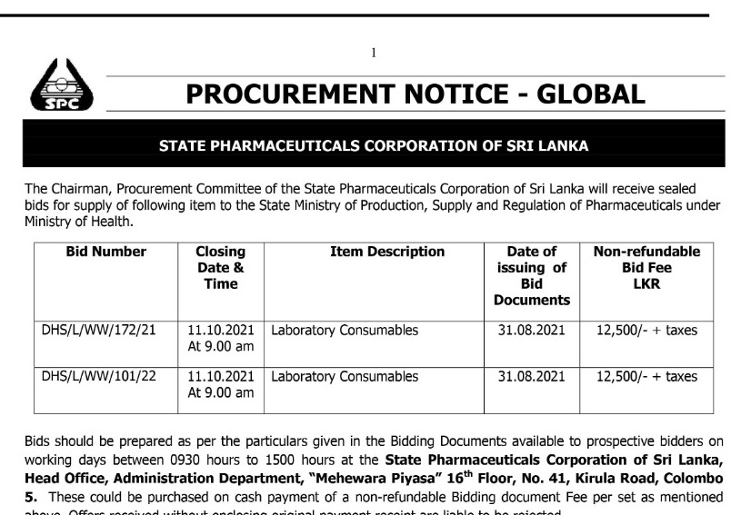 54 - İhale İlanı - State Pharmaceuticals Corporation of Sri Lanka