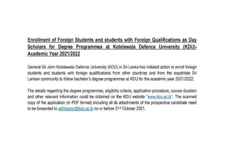 46 - Yabancı Uyruklu  ve Yabancı Nitelikli Öğrencilerin Kotelawala Savunma Üniversitesi (KDU)- 2021/2022 Akademik Yılında Lisans Programları için Yatısız Öğrenci Kayıtları