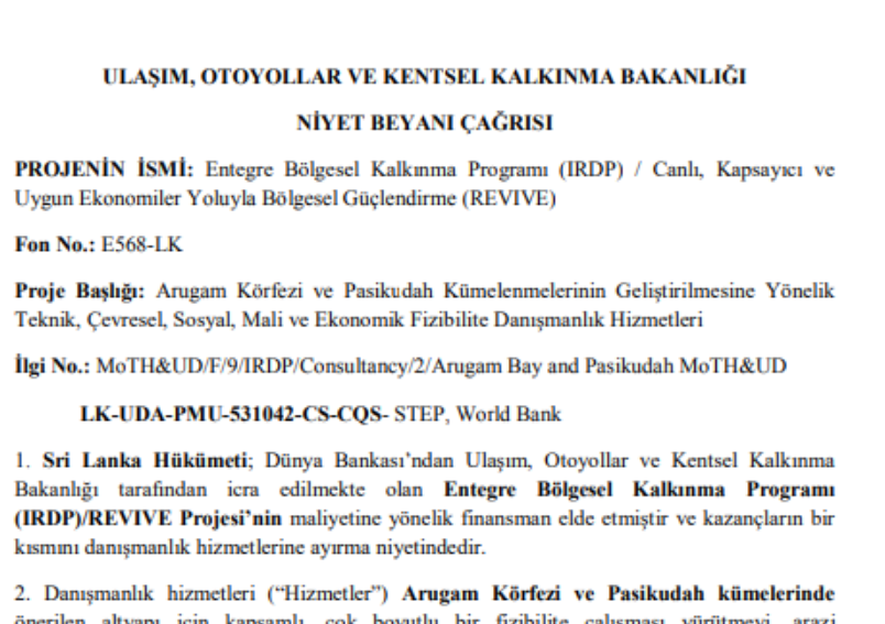 Niyet Beyanı Çağrısı (REOI) – Canlı, Kapsayıcı ve Sürdürülebilir Ekonomi Yoluyla Bölgesel Güçlendirme (REVIVE) IRDP Projesi için Danışmanlık Firmalarının Seçilmesi
