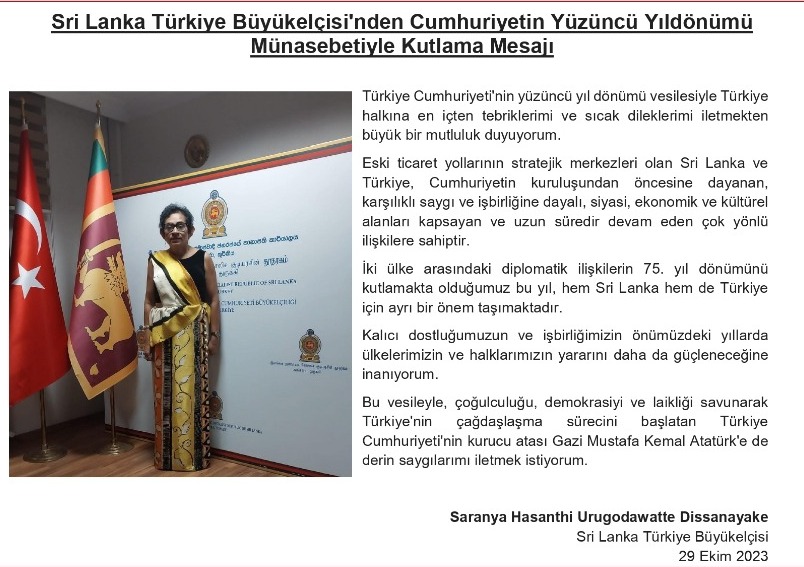 Sri Lanka Türkiye Büyükelçisi’nden Cumhuriyetin Yüzüncü Yıldönümü Münasebetiyle Kutlama Mesajı