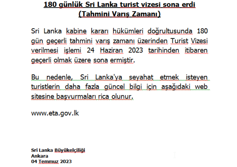 180 günlük Sri Lanka turist vizesi sona erdi (Tahmini Varış Zamanı)