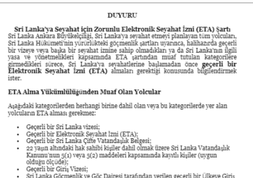 Duyuru - Sri Lanka’ya Seyahat için Zorunlu Elektronik Seyahat İzni (ETA) Şartı