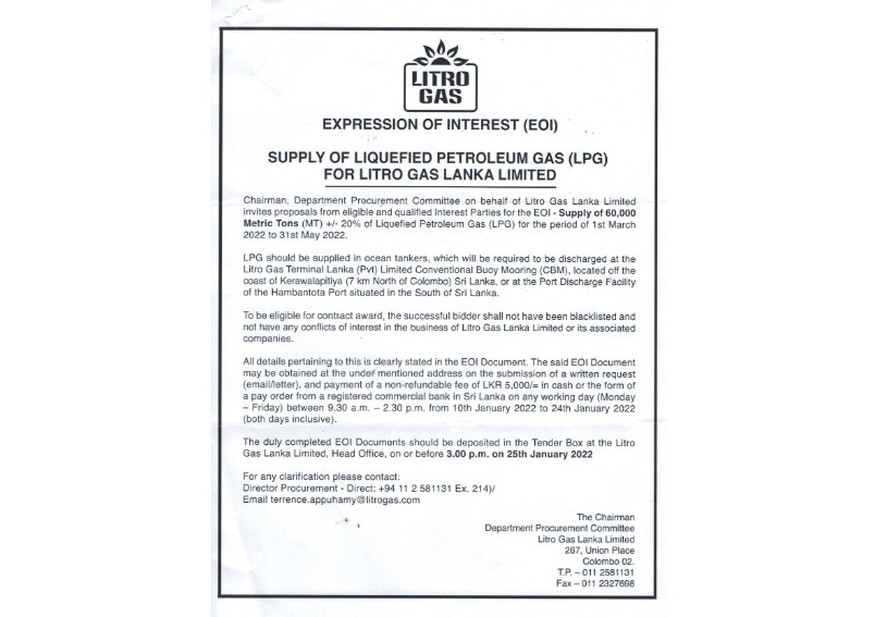 84 - İhale İlanı - TENDER No. LGLL-LPG-001-ICB-2022 & Expression of Interest Litro Gas Lanka Limited