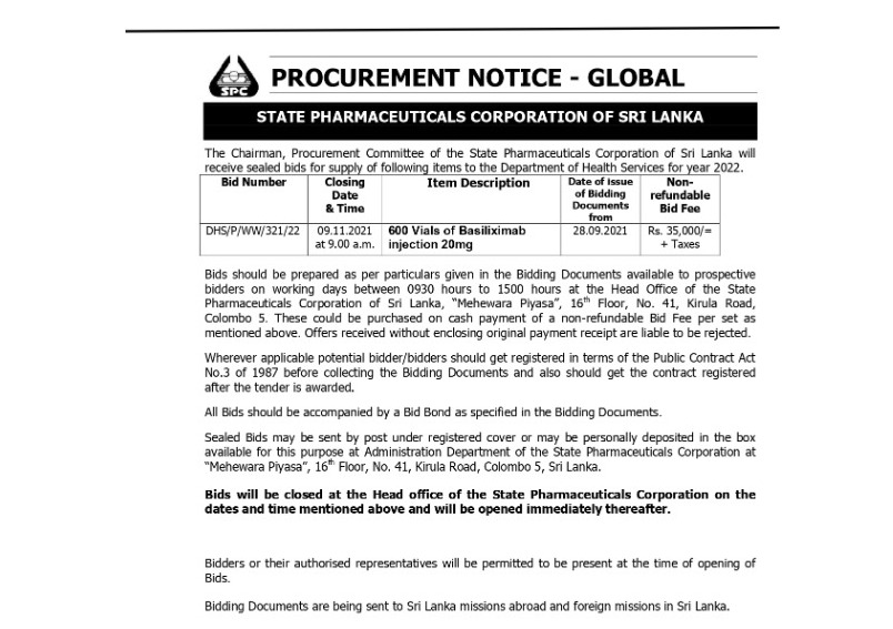 60 - İhale İlanları - State Pharmaceuticals Corporation of Sri Lanka