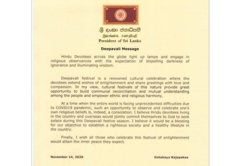 Sri Lanka Devlet Başkanı Ekselansları Gotabaya Rajapaksa’nın Deepavali Kutlaması mesajı