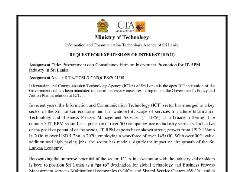 77 - İhale ilanı - Information and Communication Technology Agency of Sri Lanka