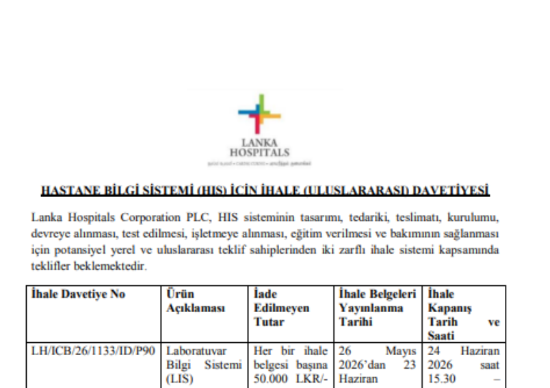 Hastane Bilgi Sistemi (HIS) İhale Duyurusu ve Elektronik Kopya Teslim Süresine İlişkin Ek – Lanka Hospitals Corporation PLC İhale Duyuru No.: LH/ICB/26/1133/ID/P90