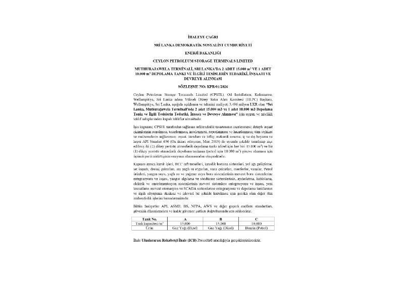 Invitation for Bids (IFB) - Ceylon Petroleum Storage Terminals Ltd. Procurement, Construction and Commissioning of 2 Nos. 15,000 m3 and 1 No. 10,000 m3 Storage Tanks and Associated Facilities at Muthurajawela Terminal Sri Lanka Contract