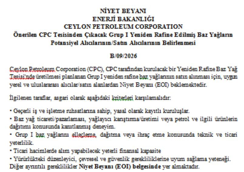 İhale Çağrısı (IFB) - Ceylon Petroleum Corporation
