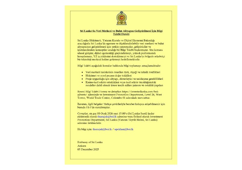 Sri Lanka’da Veri Merkezi ve Bulut Altyapısı Geliştirilmesi İçin Bilgi Talebi Daveti