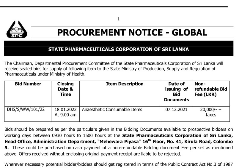 78 - İhale İlanları- State Pharmaceuticals Corporation of Sri Lanka