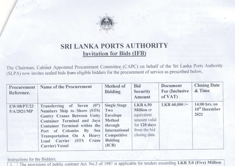 75 - İhale İlanları - Sri Lanka Ports Authority