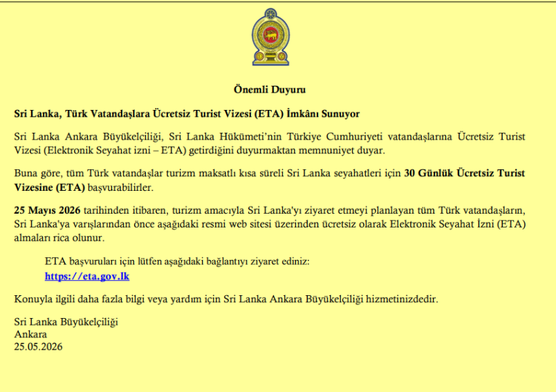 Sri Lanka, Türk Vatandaşlara Ücretsiz Turist Vizesi (ETA) İmkanı Sunuyor